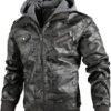 Men’s Vintage Removable Hooded Slim Motorcycle Faux Leather Bomber Jacket