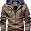 Men’s Vintage Removable Hooded Slim Motorcycle Faux Leather Bomber Jacket