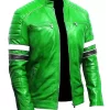 Green Retro Leather Jacket With White Stripe